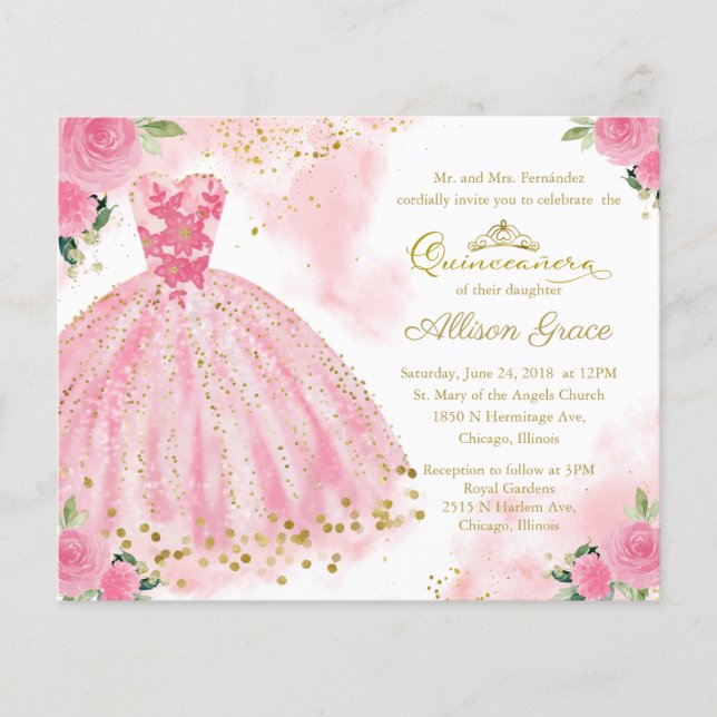 Budget Quinceanera Invitation Bilingual Pink Gown (Front)