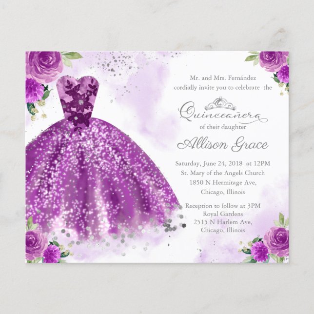 Budget Quinceanera Invitation Bilingual Purple (Front)