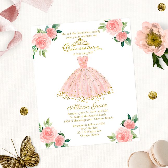 Budget Quinceanera Invitation Gold Blush Gown (Creator Uploaded)