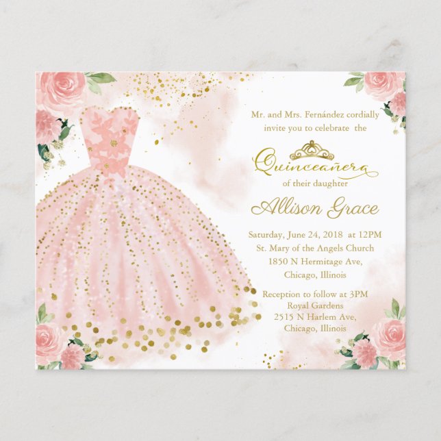 Budget Quinceanera Invitation Gold Blush Gown (Front)