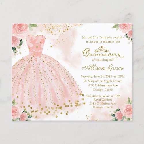 Budget Quinceanera Invitation Gold Blush Gown