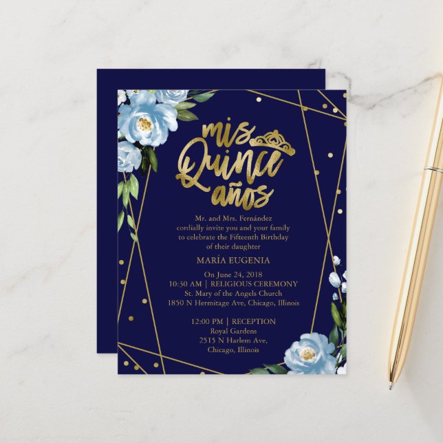 Budget Quinceanera Invitation Gold Foil Dark Blue (Front/Back In Situ)
