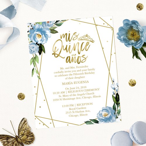 Budget Quinceanera Invitation Gold Foil Dusty Blue