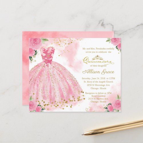 Budget Quinceanera Invitation Gold Hot Pink Gown
