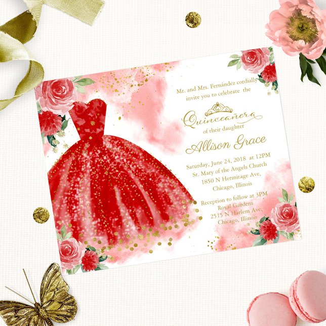 Budget Quinceanera Invitation Gold Red Gown (Creator Uploaded)