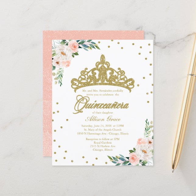 Budget Quinceanera Invitation Gold Tiara (Front/Back In Situ)