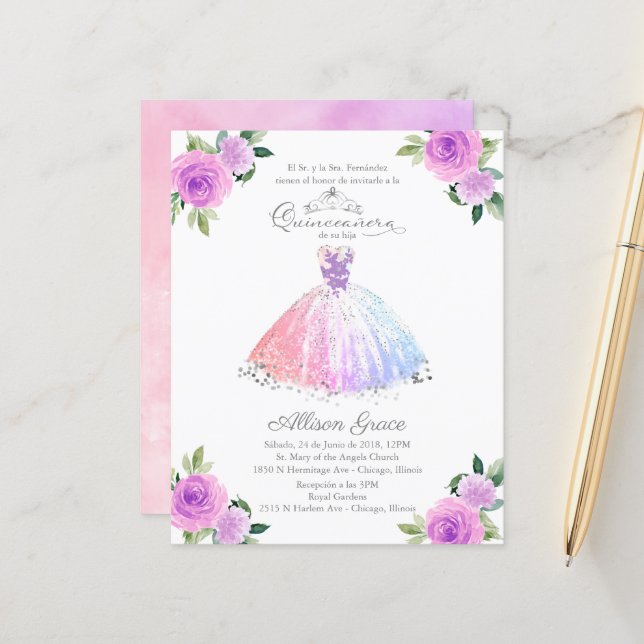 Budget Quinceanera Invitation Pastel Colors Gown (Front/Back In Situ)