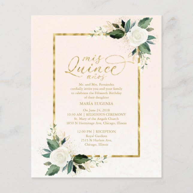 Budget Quinceanera Invitation Pink Gold Floral (Front)