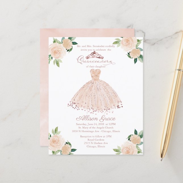 Budget Quinceanera Invitation Rose Gold Blush Gown (Front/Back In Situ)