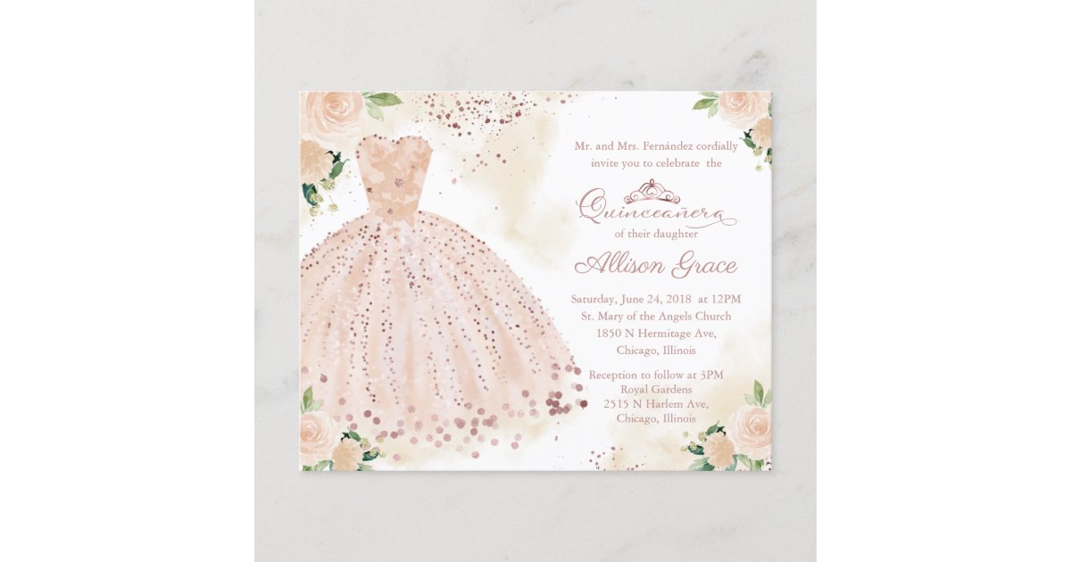 Budget Quinceanera Invitation Rose Gold Blush Gown | Zazzle