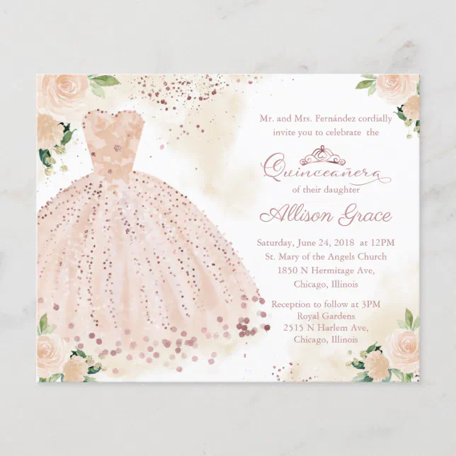 Budget Quinceanera Invitation Rose Gold Blush Gown | Zazzle