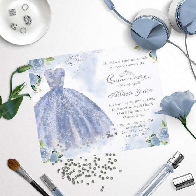 Budget Quinceanera Invitation Silver Blue Gown
