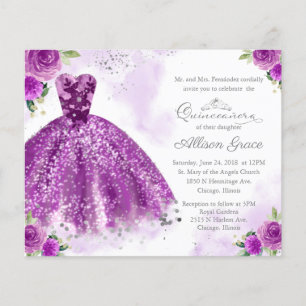 Budget Quinceanera Invitation Silver Purple Gown