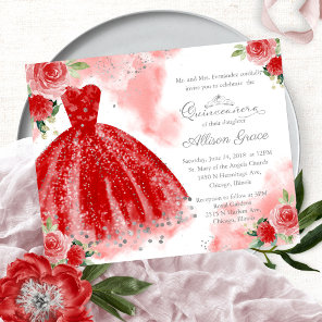 Budget Quinceanera Invitation Silver Red Gown