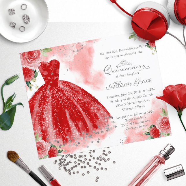 Budget Quinceanera Invitation Silver Red Gown