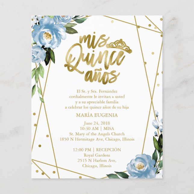 Budget Quinceanera Invitation Spanish Blue Floral (Front)