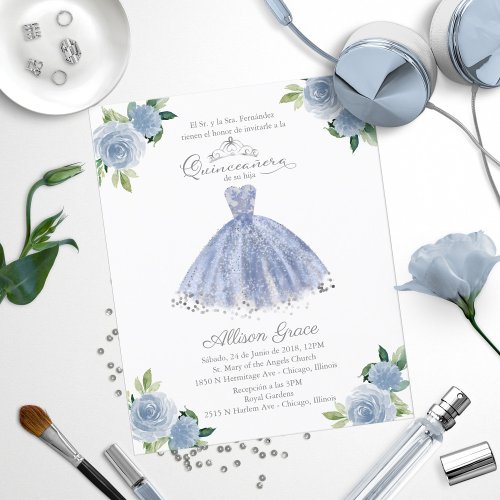 Budget Quinceanera Invitation Spanish Blue Gown