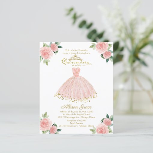 Budget Quinceanera Invitation Spanish Blush Gown | Zazzle