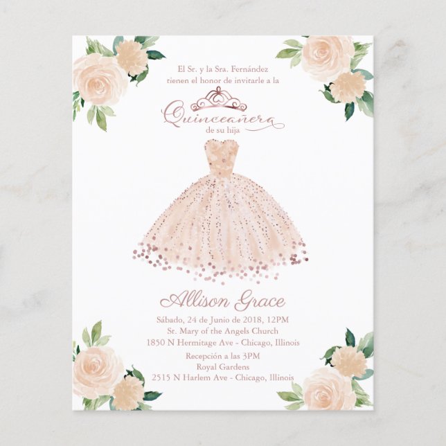 Budget Quinceanera Invitation Spanish Blush Gown (Front)