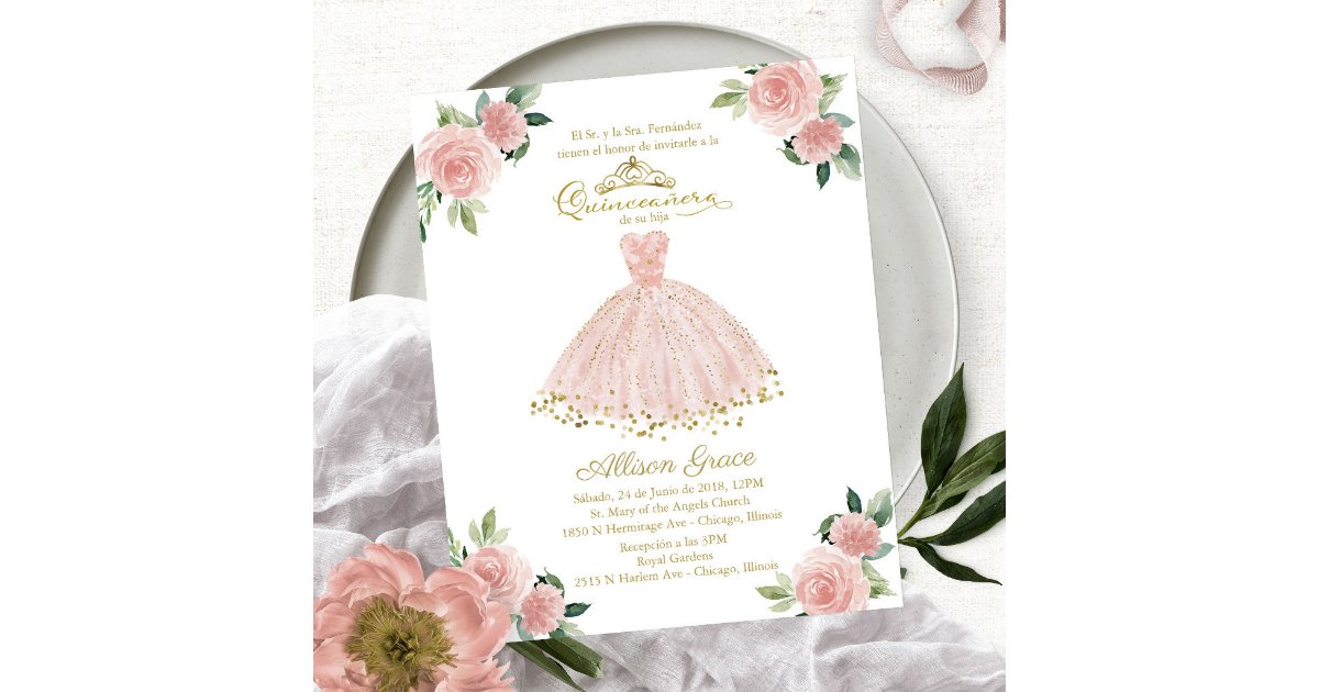 Budget Quinceanera Invitation Spanish Blush Gown | Zazzle