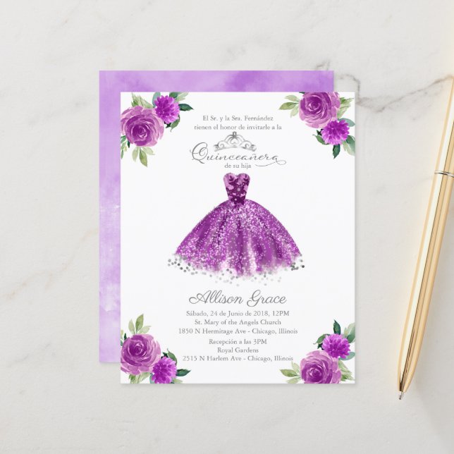 Budget Quinceanera Invitation Spanish Purple Gown (Front/Back In Situ)