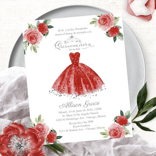 Budget Quinceanera Invitation Spanish Red Gown