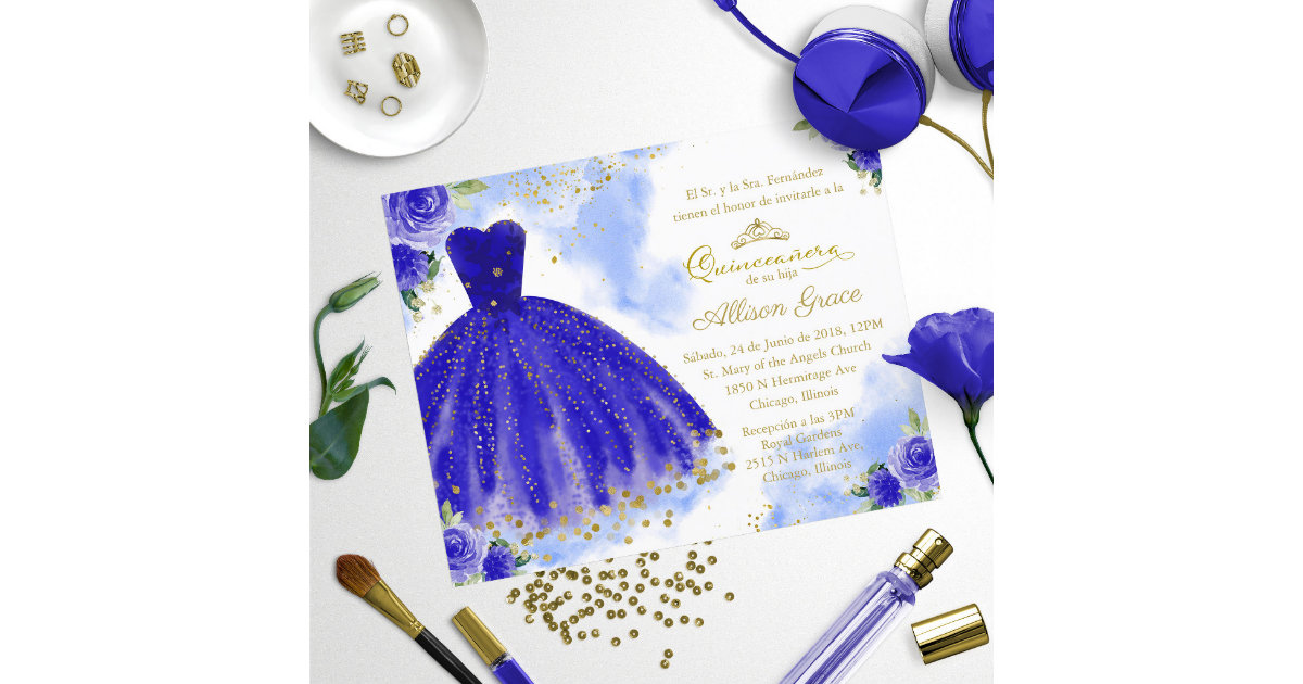 Blue Floral Quinceañera Invitation In Spanish, Zazzle