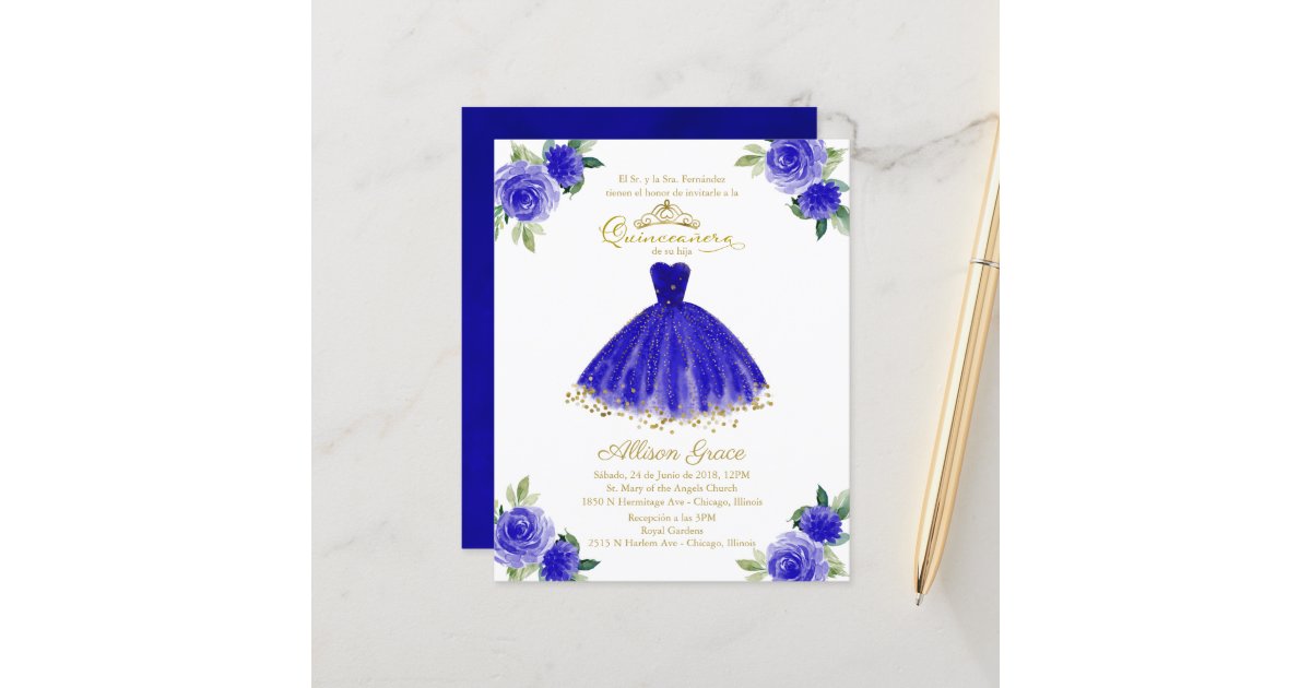 Royal Blue Floral Dress Butterfly Quinceanera Gold Foil Invitation, Zazzle