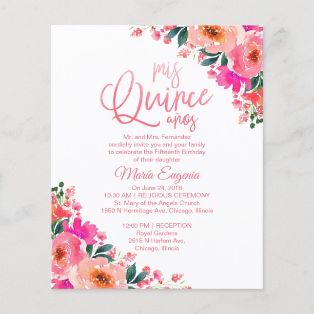 Budget Quinceanera Invitations Hot Pink Floral (Front)
