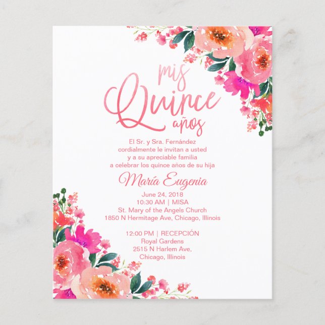Budget Quinceanera Invitations Spanish Floral (Front)