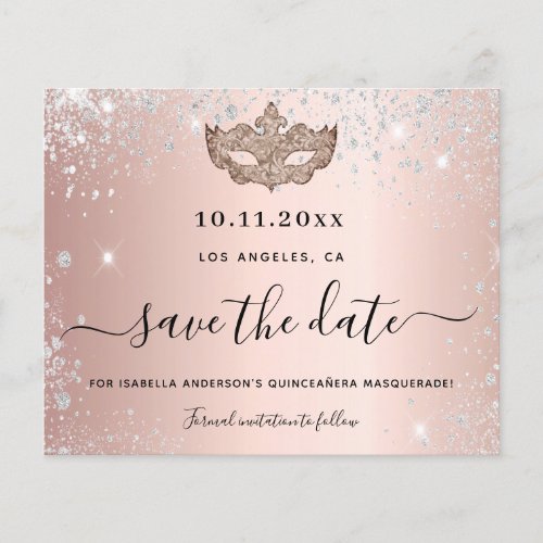 Budget Quinceanera masquerade rose gold save date