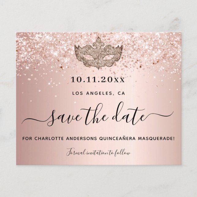 Budget Quinceanera masquerade rose gold save date (Front)