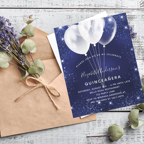 Budget Quinceanera navy blue balloon invitation