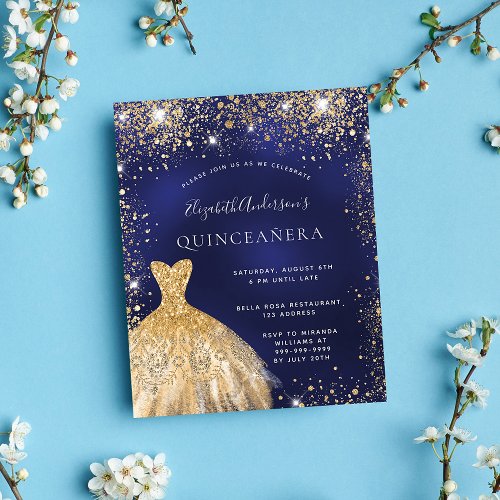 Budget Quinceanera navy blue gold dress invitation