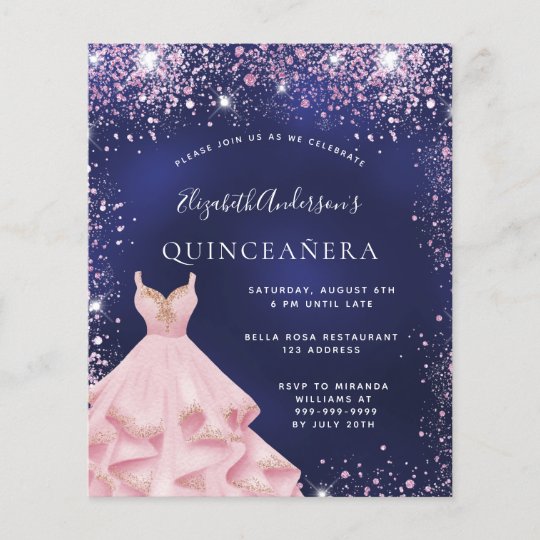 Budget Quinceanera navy blue pink dress invitation | Zazzle.com