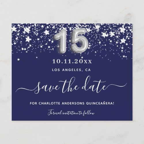 Budget Quinceanera navy blue silver star save date