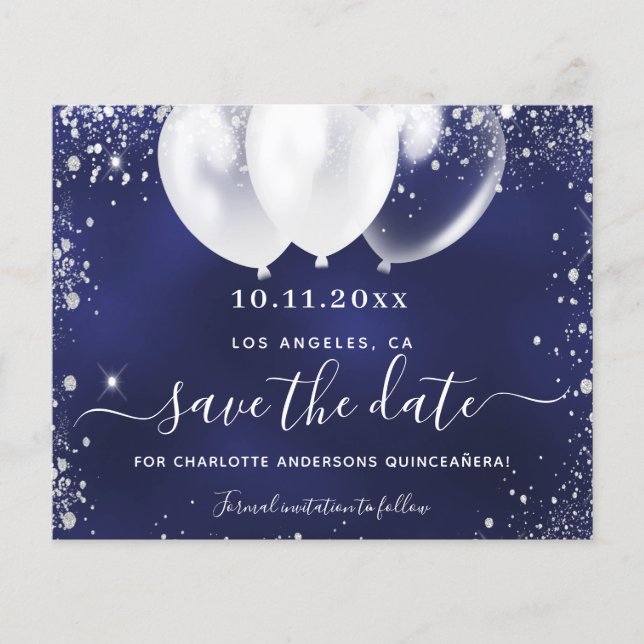 Budget Quinceanera navy blue white save date (Front)