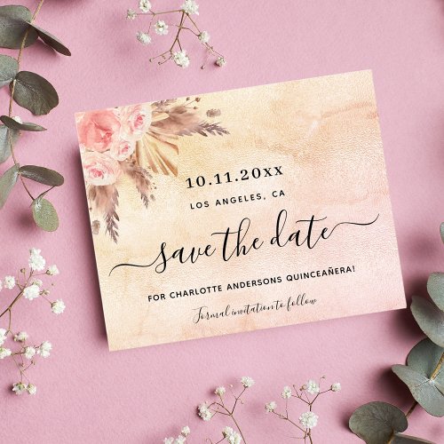 Budget Quinceanera pampas blush save the date