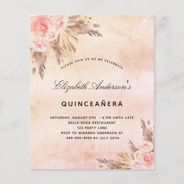 Budget Quinceanera pampas grass blush invitation (Front)