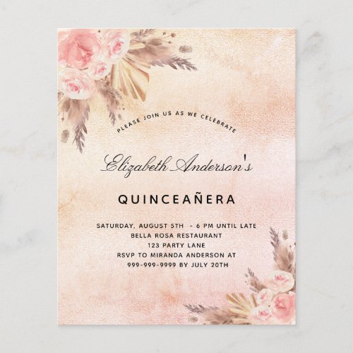 Budget Quinceanera pampas grass blush invitation