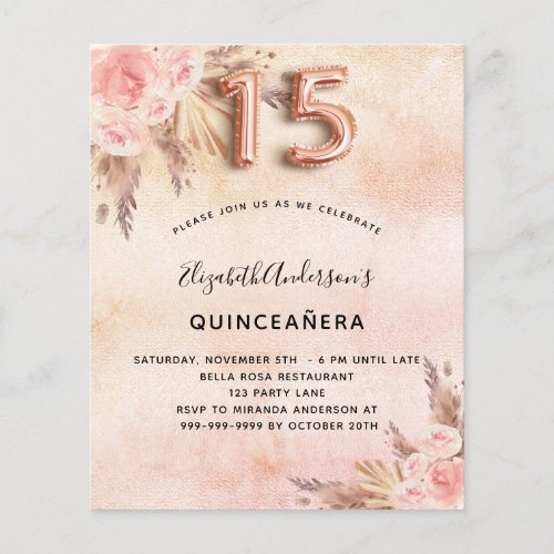 Budget Quinceanera pampas grass rose invitation