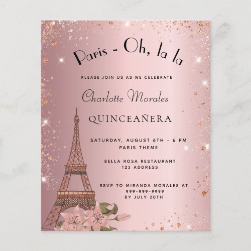 Budget Quinceanera Paris blush pink invitation