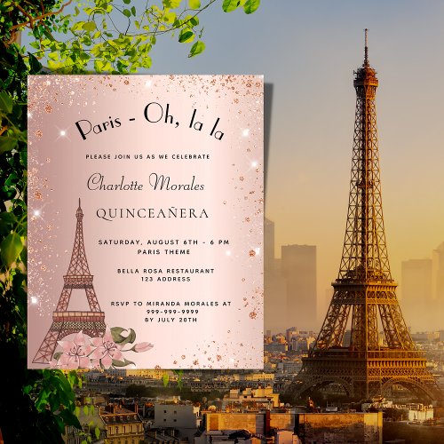 Budget Quinceanera Paris Eiffel rose invitation