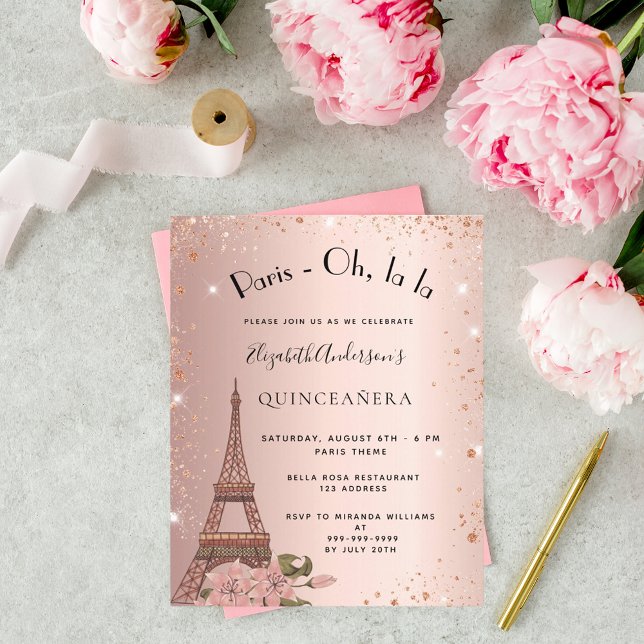 Budget Quinceanera Paris rose gold invitation (Creator Uploaded)