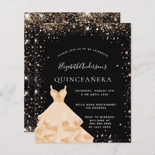 Budget Quinceanera party black gold glitter dress