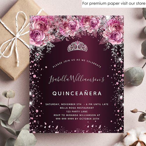Budget Quinceanera pink burgundy floral invitation
