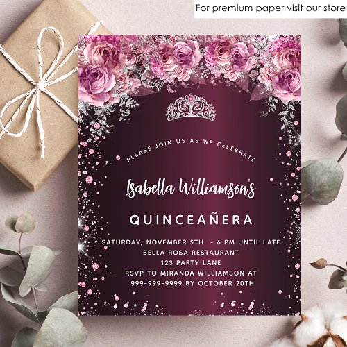 Budget Quinceanera pink burgundy floral invitation Flyer