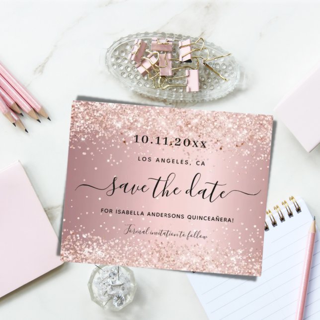 Budget Quinceanera pink glitter save the date