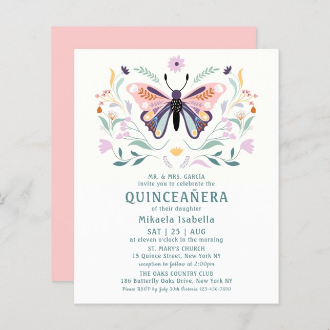 Budget Quinceañera Pink Purple Butterfly Floral (Front/Back)