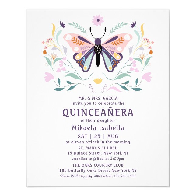 Budget Quinceañera Pink Purple Butterfly Floral Flyer (Front)